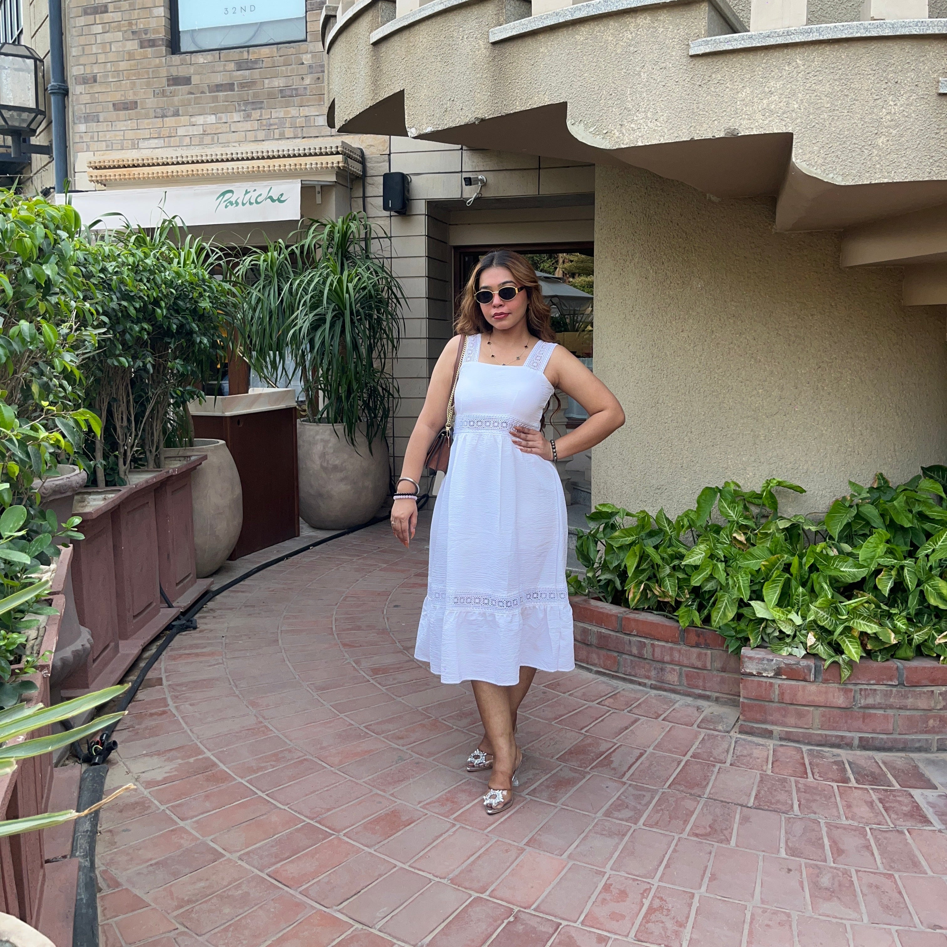 White Flower Crochet Wide Strap Stylish Midi Dress
