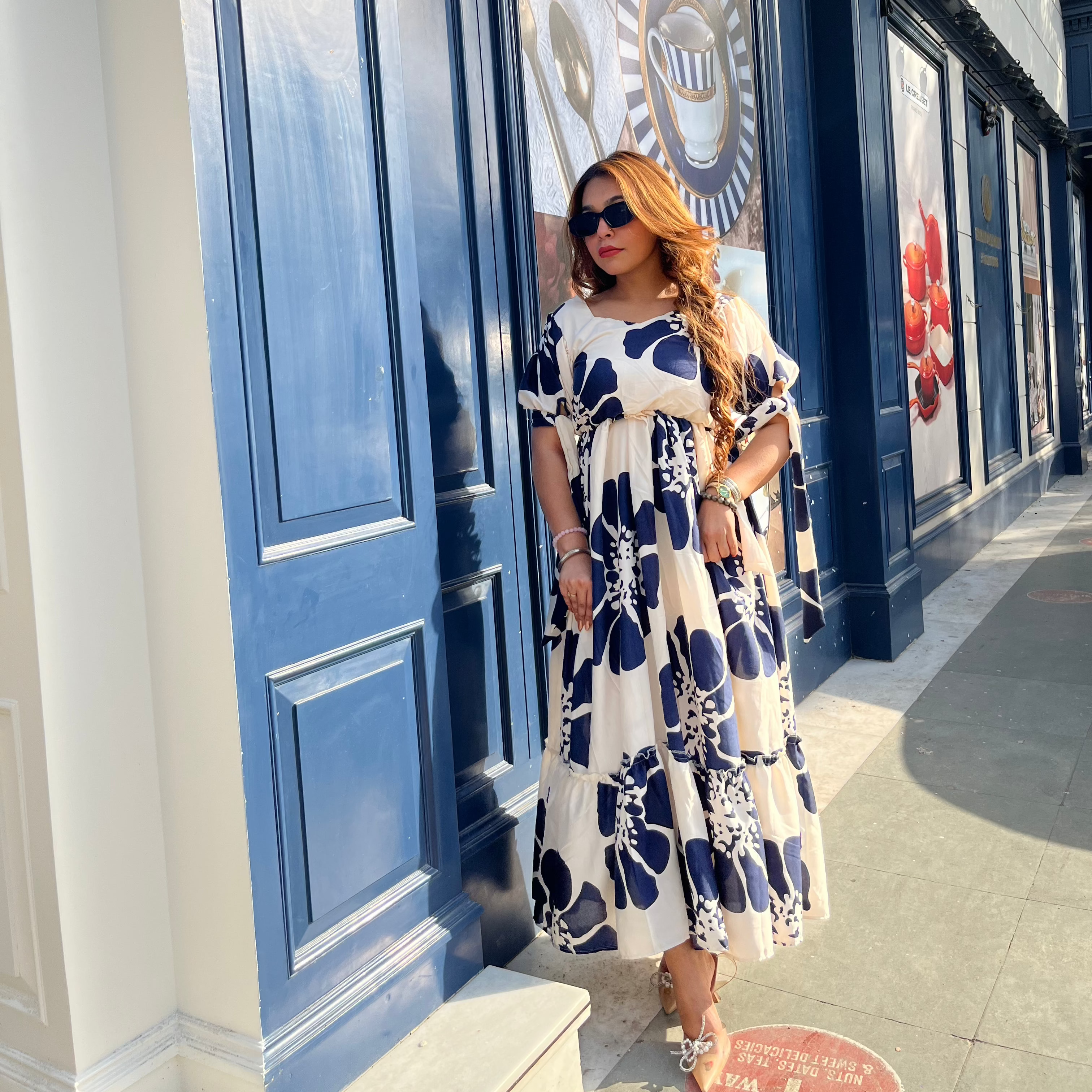 Cream & Blue Floral Fit and Flare Dress