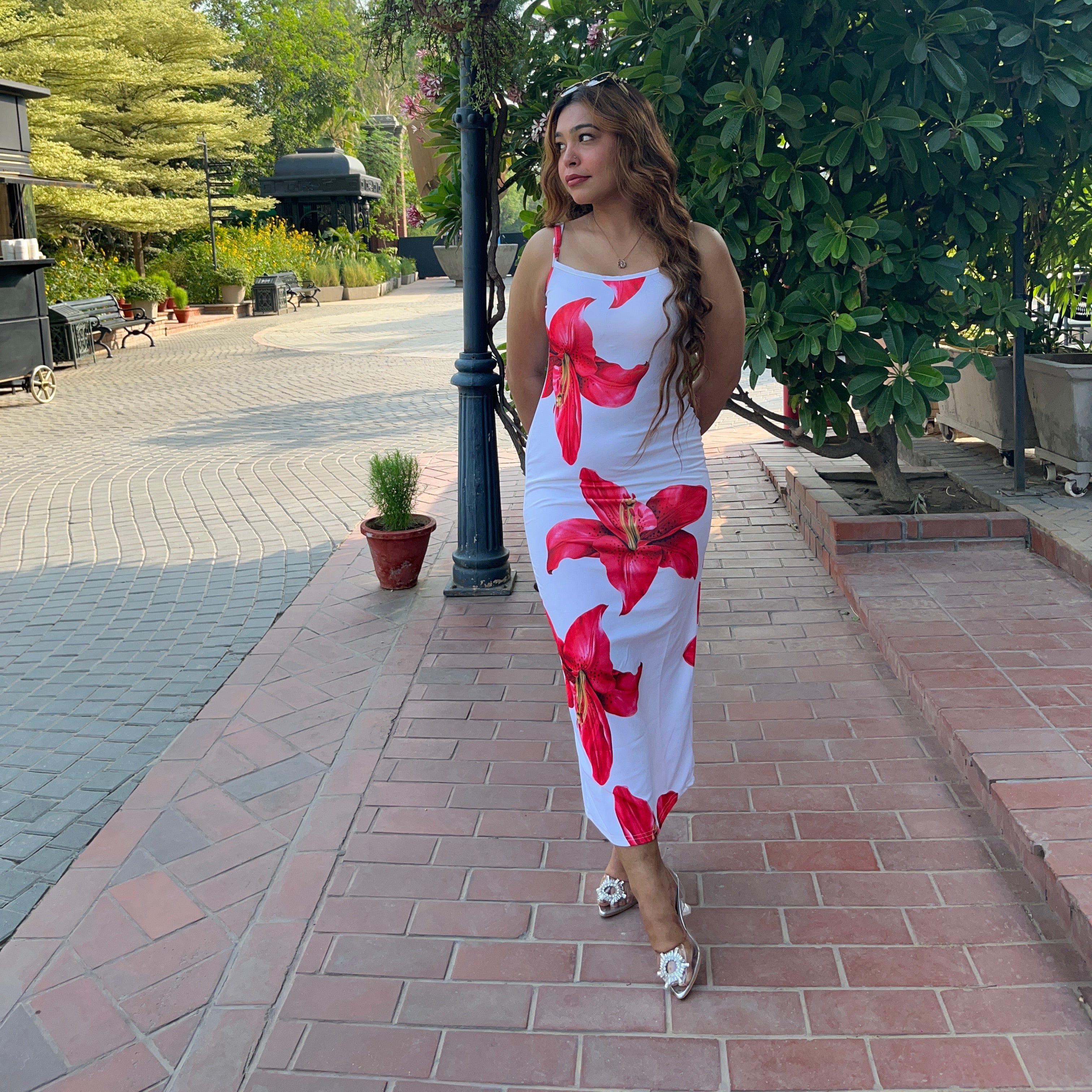 White with Red Flower Maxi Dress