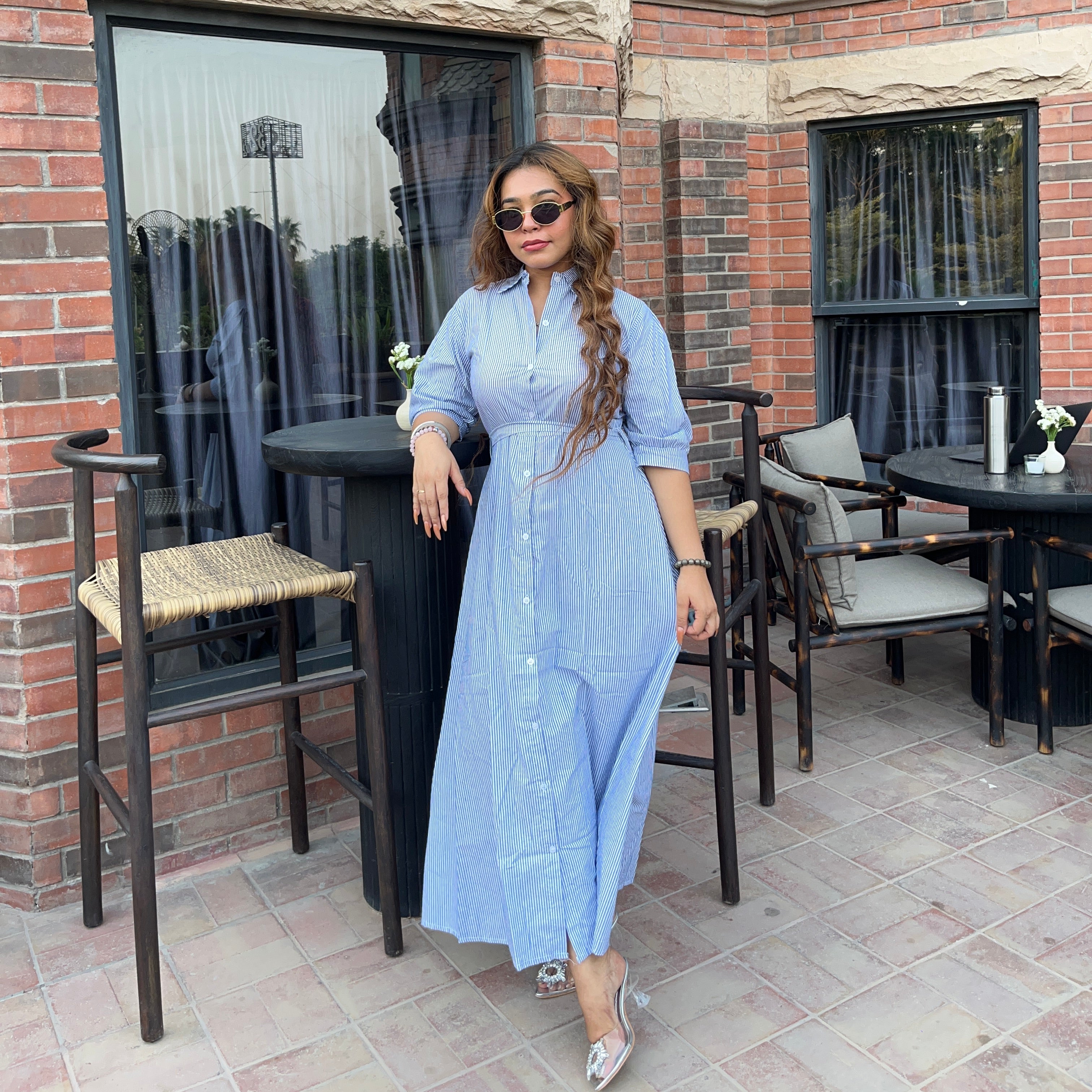 Blue White Striped Long Gown with Belt